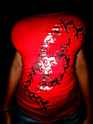 WOMENS SILVER FOIL RR MONOGRAM- RED TANK