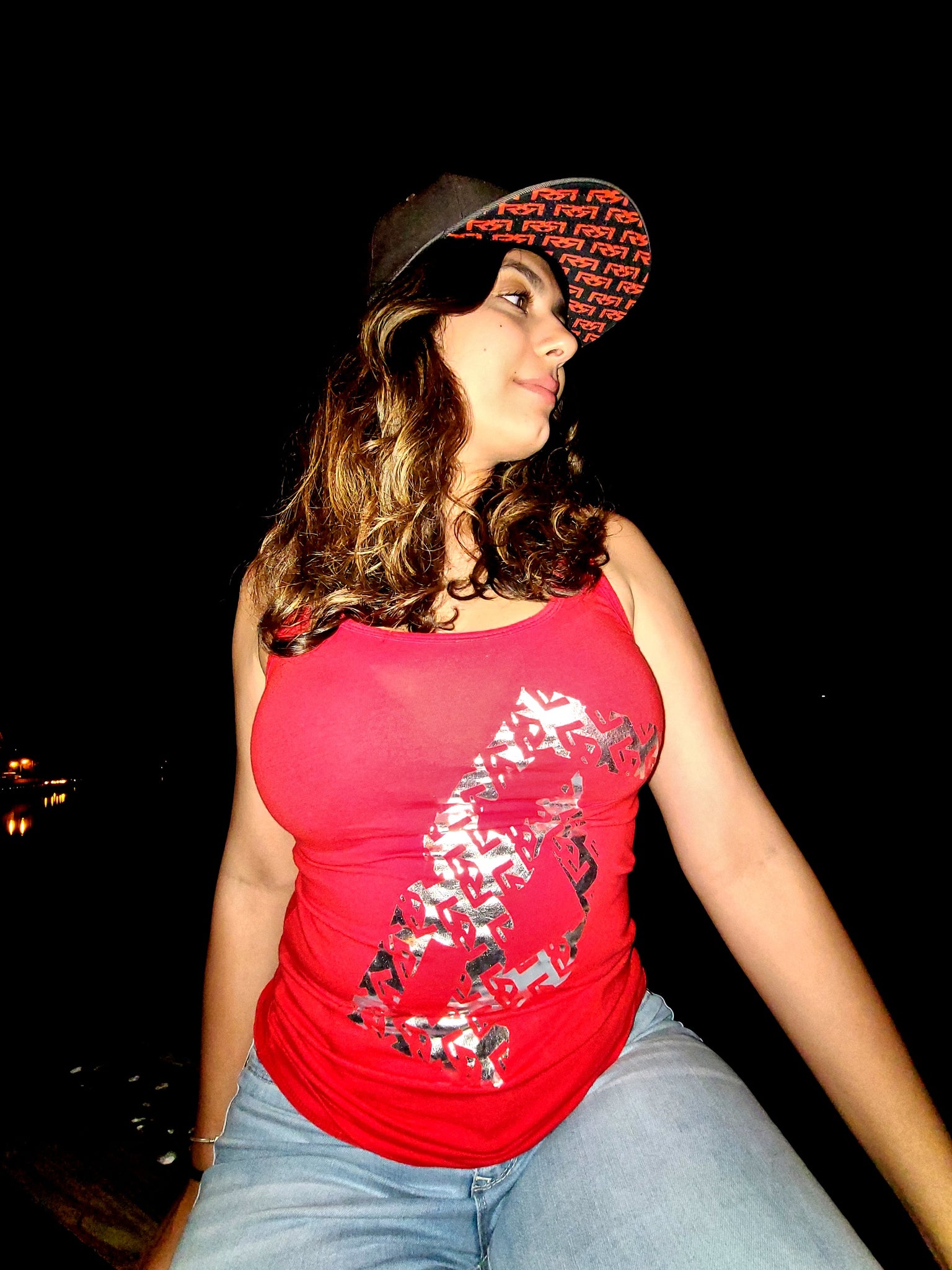 WOMENS SILVER FOIL RR MONOGRAM- RED TANK